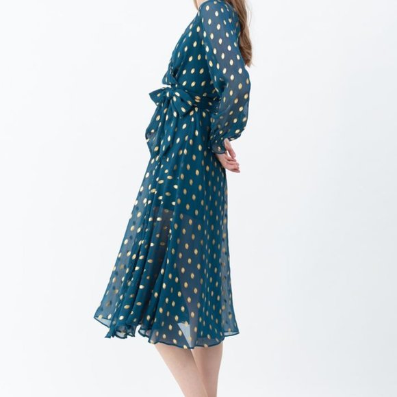 Chicwish -  Oval Dots Semi-Sheer Split Wrap Dress in Emerald - Large - Picture 2 of 8